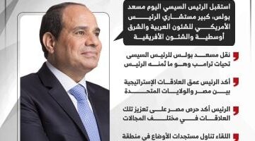 عاجل.. 
                                            الرئيس السيسى يؤكد لكبير مستشارى ترامب ضرورة العمل على الوقف الفوري لإطلاق النار فى غزة (إنفوجراف)