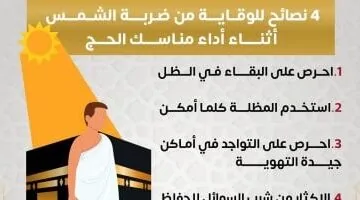 عاجل.. 
                                            الصحة تحذر الحجاج: اتبعوا هذه النصائح الأربعة لتجنب ضربة الشمس.. إنفوجراف