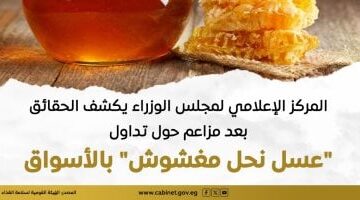 عاجل.. 
                                            مجلس الوزراء يكشف الحقائق بعد مزاعم حول تداول “عسل نحل مغشوش” بالأسواق